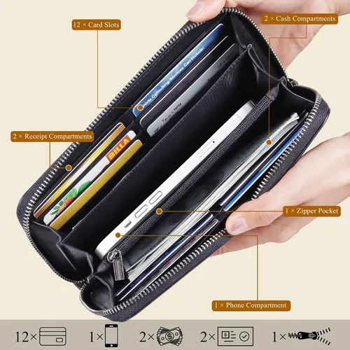 Miniatura 2 de VISOUL Cartera larga de cuero con cremallera para hombres y mujeres con bloqueo RFID, cartera larga de embrague grande con cremallera, Negro