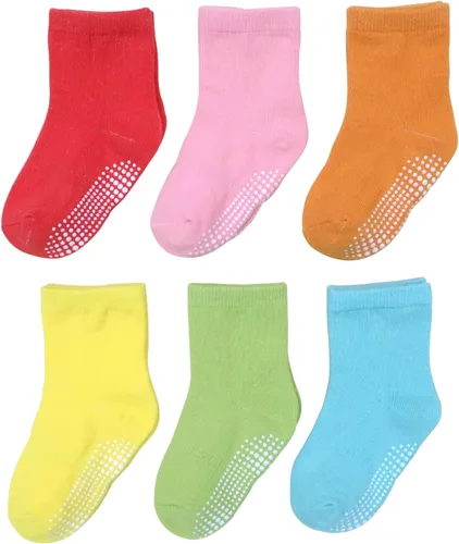 6 pares de calcetines antideslizantes acogedores y cálidos tipo crew con agarres para bebés, infantes, niños pequeños, niños y niñas