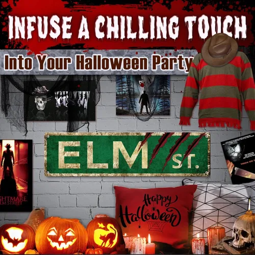 Miniatura 7 de Regalos de Películas de Terror de Navidad Letrero de Elm Street Letreros de Metal Retro Decoración Espeluznante de Halloween, Arte de Pared Póster