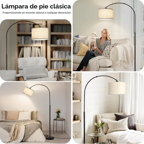 Miniatura 8 de Lámpara de pie regulable, lámpara de pie de arco con atenuador, lámpara de pie negra con pantalla colgante ajustable, luz de lectura alta sobre