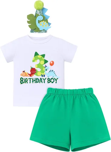 Miniatura 9 de ODASDO Conjunto de camiseta de manga corta para bebé, diseño de dinosaurio, 1º, 2º y 3º cumpleaños