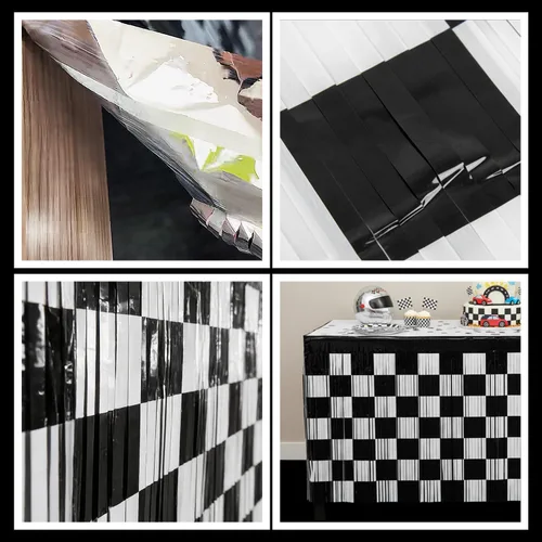 Miniatura 7 de Falda de mesa metálica de oropel con flecos de oropel de carreras para decoración de fiesta de cumpleaños, paquete de 2 cortinas de mesa de 29.5 x