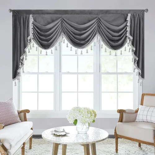 Miniatura 49 de StangH Cortinas decorativas de lujo, cenefa azul con bloqueo de luz, cenefa festoneada para ventana pequeña con bolsillo sólido para barra, cortina