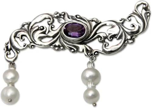 NOVICA Broche de plata de ley 925 con perlas de agua dulce cultivadas con amatista 'Misty Dew', Plata esterlina Plata Madera Perla, Sin gemas.