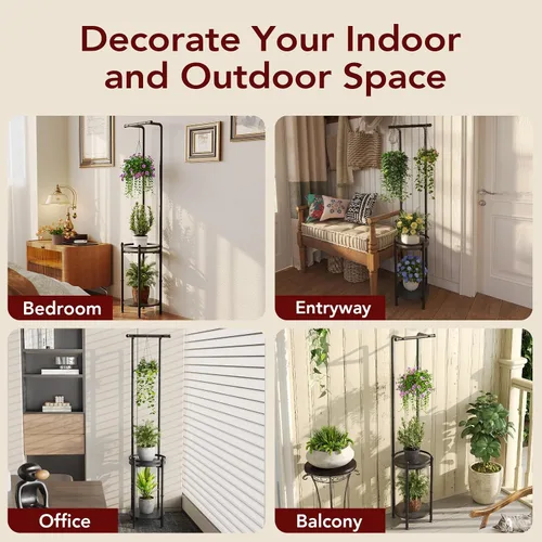 Miniatura 8 de Homsorout Soporte para plantas para interiores y exteriores, soporte de metal resistente de 2 niveles para plantas colgantes de hierro que ahorra