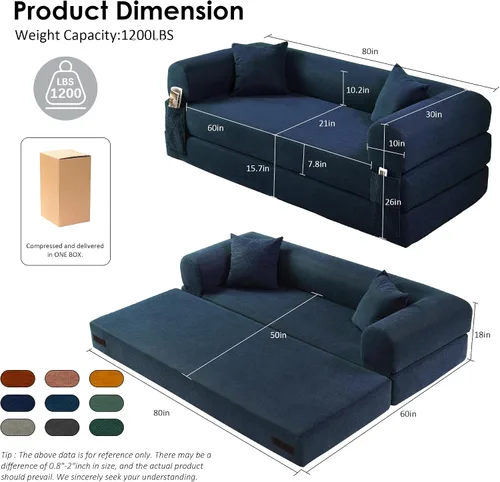 Miniatura 2 de Sofá cama convertible de 80", sofá plegable extraíble de pana 3 en 1 con almohadas, sofá moderno sin ensamblaje sin estructura con compresión