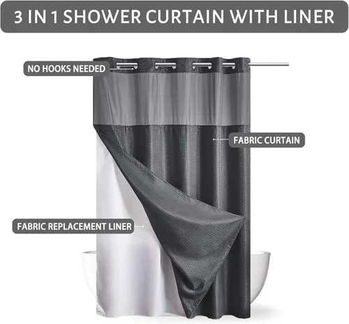 Miniatura 5 de Furlinic - Cortina de ducha para cabina sin ganchos con forro a presión, cortinas de baño de tejido gofre impermeables con ventana superior Beige