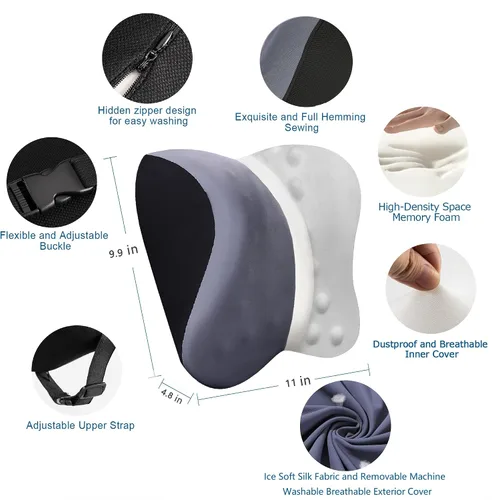 Miniatura 5 de Almohada cervical para aliviar el dolor de cuello y soporte cervical, almohada de espuma viscoelástica para asiento de automóvil con correa