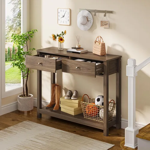 Miniatura 8 de Gizoon - Mesa de consola con 2 cajones, mesa de entrada de 2 niveles de madera con estantes de almacenamiento, mesa de sofá de 39" de ancho