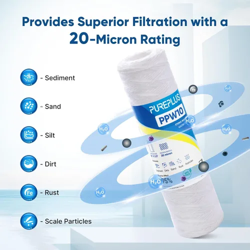 Miniatura 5 de PUREPLUS Filtro de sedimentos para heridas de cuerda para toda la casa de 20 micrones de 10 x 2.5 pulgadas para agua de pozo, cartucho de repuesto