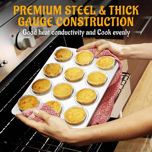 Miniatura 2 de E-far Molde para magdalenas de 12 cavidades, juego de 2, moldes de acero inoxidable para magdalenas, moldes de metal para horno, tamaño regular