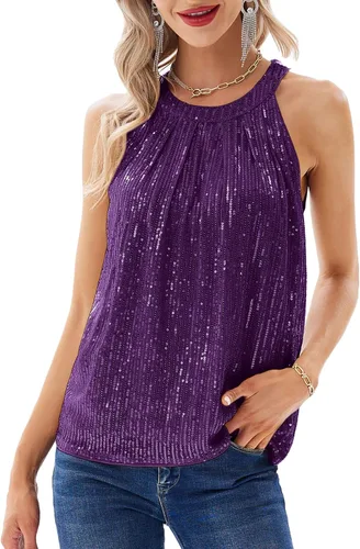 GRACE KARIN Camiseta sin mangas con cuello halter de lentejuelas para mujer, camisola elegante y brillante, para fiesta, club, cóctel, chaleco