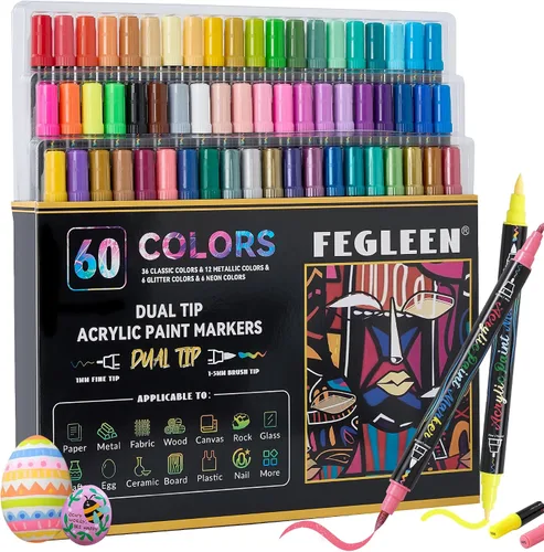 Marcadores de pintura acrílica de 60 colores, bolígrafos de pintura acrílica de doble punta que contienen 12 colores metálicos, 6 purpurina y 6