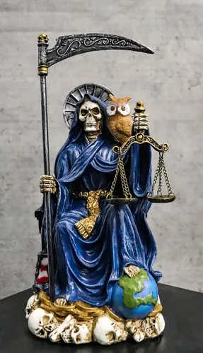 Miniatura 3 de Ebros Gift Santa Muerte Sosteniendo Guadaña Reloj de arena y escalas de justicia con búho sabio sentado en el trono Estatuilla Hueso de la Muerte