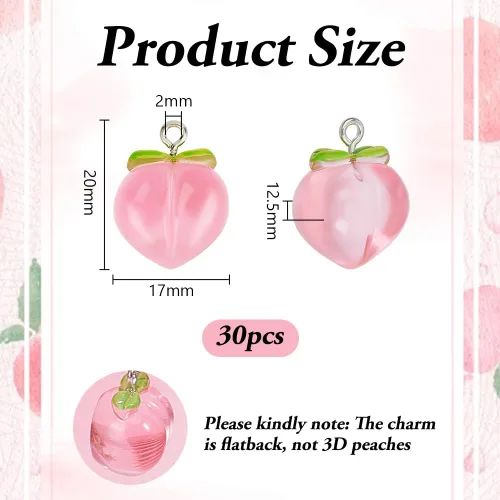 Miniatura 2 de OLYCRAFT 30 colgantes de durazno de resina transparente, colgante de fruta, dije de melocotón rosa con lazo 3D melocotones colgante colgante
