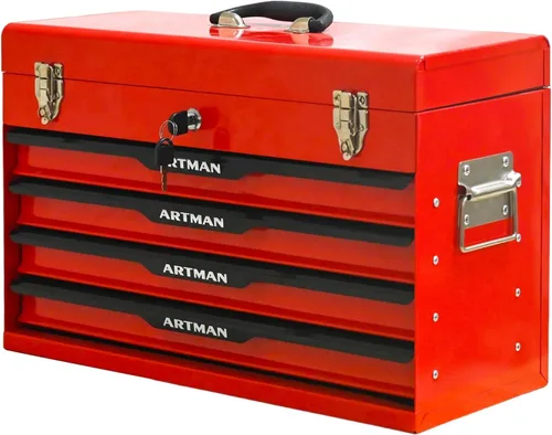 Miniatura 14 de Caja de herramientas de metal de 4 cajones, caja de herramientas portátil de acero con cierre de pestillo de metal y bloqueo de llave, bandeja