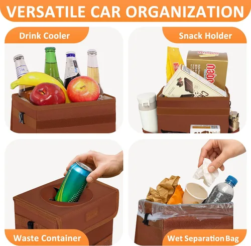 Miniatura 6 de Vankor Cubo de basura para coche, marrón, capacidad de 2.2 galones, impermeable, material de poliéster, correa ajustable, diseño colgante, forro a