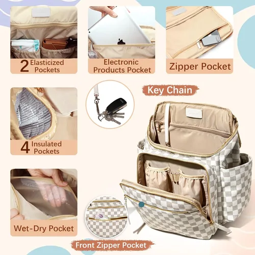 Miniatura 4 de Omanmoli Bolsa de pañales a cuadros, mochila grande de cuero para pañales con 17 bolsas organizadoras, cambiador, correas para cochecito, 4 Beige