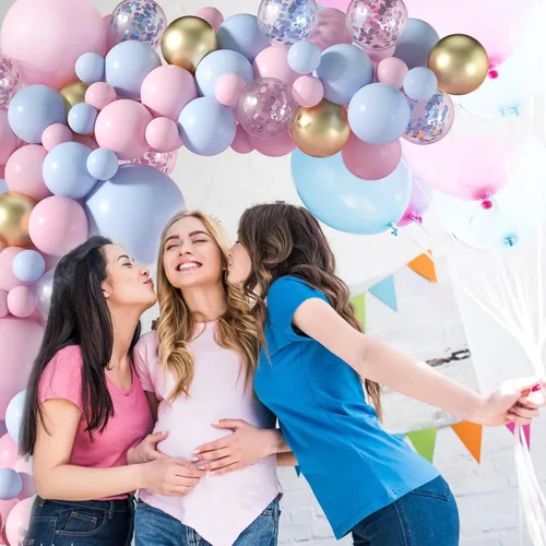 Miniatura 3 de Kit de arco de guirnalda de globos de color rosa claro y azul, 130 unidades de 5+12+18 pulgadas, globos de látex dorado con confeti rosa y azul