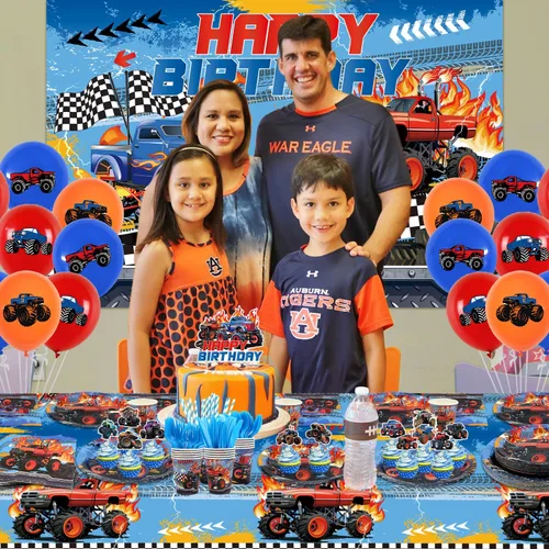Miniatura 6 de KEFAN Suministros para fiesta de cumpleaños de Monster Truck, juego de decoraciones de fiesta de camión monstruo que incluye telón de fondo, platos