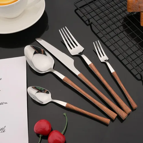 Miniatura 3 de JASHII Juego de cubiertos con mango de madera, juego de cubiertos de acero inoxidable de 20 piezas, pulido con espejo, juego de cucharas y tenedores