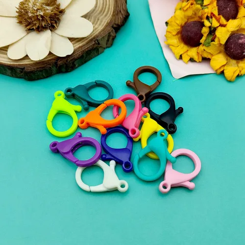 Miniatura 7 de 120 cierres de pinza de langosta de plástico para la fabricación de joyas, gancho multicolor de langosta con lindo cordón, ganchos a presión, clips