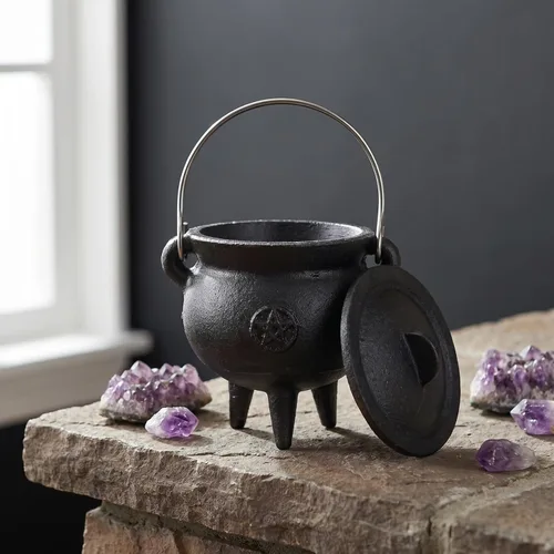 Miniatura 8 de DOITOOL Caldero de hierro fundido con tapa y asa, caldero de bruja de Halloween, olla de bruja negra para manchar, quemar incienso, decoración