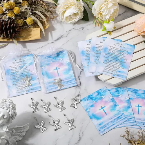 Miniatura 4 de SATINIOR 100 juegos de recuerdos fúnebres, alfileres conmemorativos de ángel de celebración de la vida con tarjetas de oración, bolsas de organza