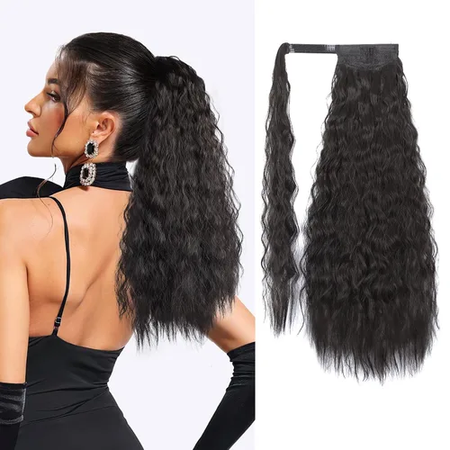 Miniatura 10 de Extensión de cola de caballo ondulada larga con pegamento mágico, resistente al calor, sintética, para envolver, cabello ondulado, para mujer