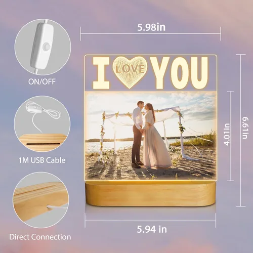 Miniatura 6 de Attivolife Marco de fotos con texto en inglés "I Love You" para mujer, marco de fotos iluminado con luz nocturna LED, regalos para parejas, esposos