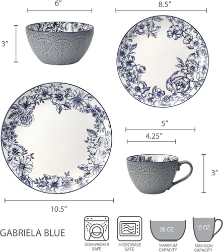 Miniatura 8 de Pfaltzgraff Gabriela Blue - Juego de vajilla de 16 piezas, servicio para 4, platos, tazones y tazas de gres duradero con elegante patrón azul, apto