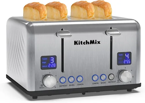 Miniatura 12 de Tostadora de 4 rebanadas, tostador de panecillos de acero inoxidable KitchMix con temporizador LCD, ranuras extra anchas, pantalla dual, bandeja