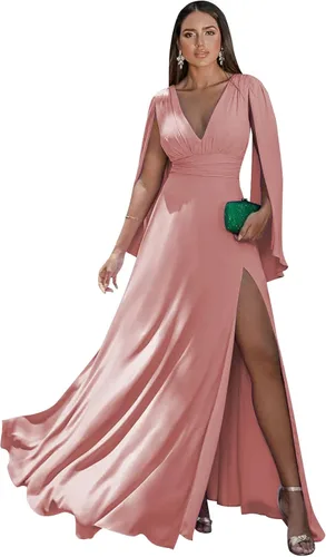 Miniatura 28 de Women's Long Sleeve Bridesmaid Dresses V-Neck Chiffon Ruched Formal Dress Evening Gown with Slit