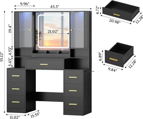 Miniatura 2 de HUANLEGO Escritorio de tocador de maquillaje con espejo y luces, espejo de tocador negro con luces escritorio y 7 cajones y armario de cristal LED