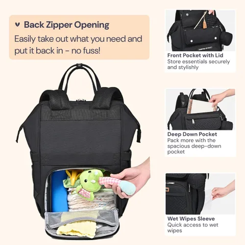 Miniatura 5 de BabbleRoo - Mochila para pañales, bolsa multifuncional para cambiar pañales con cambiador, correas para cochecito y funda para chupón, unisex, Negro