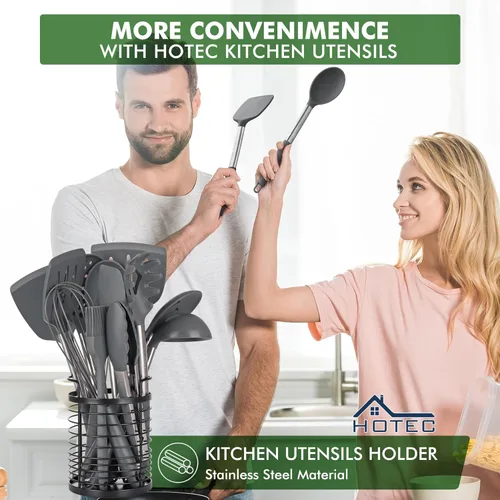 Miniatura 3 de HOTEC Utensilios de cocina de silicona resistentes al calor de 446 °F, juego de utensilios de cocina, juego de espátula, sin BPA, utensilios de Gris