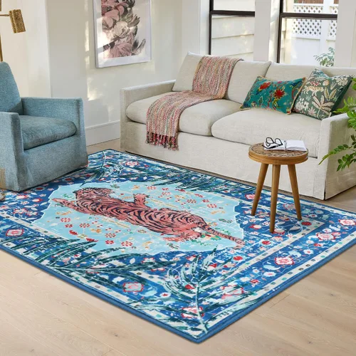Miniatura 8 de Alfombra de leopardo de 2 x 3 pies para sala de estar, alfombra estética vintage de animales para habitación de niñas, guardería, dormitorio, Azul