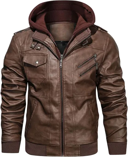 Hood Crew - Chaqueta bomber para hombre, casual, con cuello alto, cazadora de moto, de piel sintética de poliuretano, con cremallera y capucha Marrón