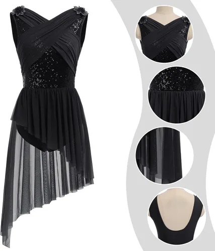 Miniatura 3 de ODASDO Elegante vestido de baile lírico para mujer, manga casquillo, falda de tul asimétrica, leotardo, disfraz contemporáneo XS-XL