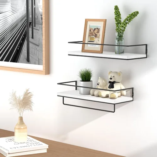Miniatura 4 de ZGO Juego de 2 estantes flotantes para pared, estantes de almacenamiento montados en la pared con marco de metal negro y toallero para baño, Blanco