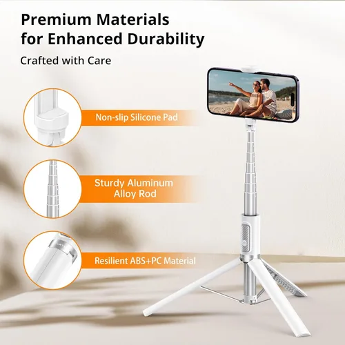 Miniatura 7 de ATUMTEK Trípode selfie stick de 55 pulgadas, trípode extensible todo en uno para teléfono con control remoto Bluetooth recargable para iPhone, Blanco