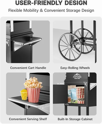 Miniatura 8 de Máquina de palomitas de maíz de 10 onzas con carro, máquina para hacer maíz con ruedas y hervidor de acero inoxidable hace hasta 40 tazas, máquina