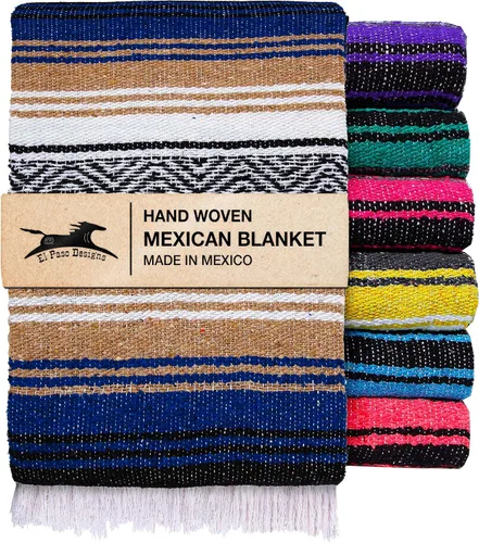 El Paso Designs Manta de yoga mexicana – Colorida manta falsa serape para yoga, playa, picnic, silla de montar o decoración del hogar – Manta Azul y