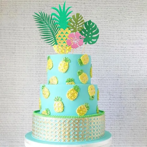 Miniatura 3 de 7 piezas de hojas tropicales con purpurina para tartas, plantas verdes de la selva, paletas, hojas de palmera, decoración de pasteles para verano