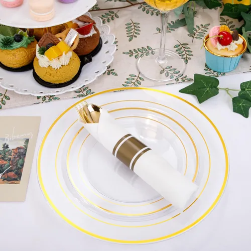 Miniatura 3 de DaYammi Juego de vajilla de plástico dorado transparente de 210 piezas para 30 invitados, platos desechables elegantes para fiestas, incluye: 30