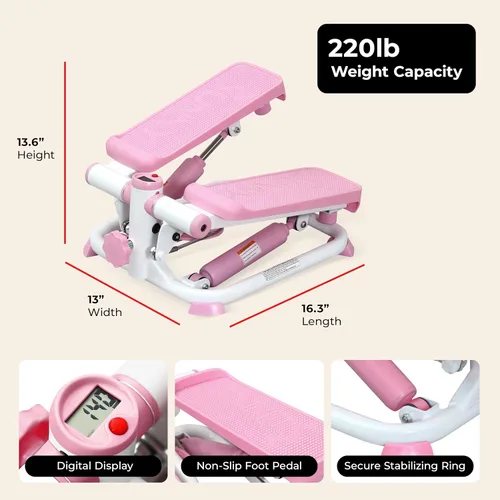 Miniatura 6 de Sunny Health & Fitness Mini Steppers with Digital Monitor and Resistance Bands, Compact Low-Impact Cardio Machines for Home Workouts Rosa