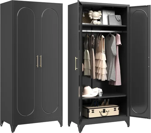 Miniatura 14 de Armario de almacenamiento de metal con puertas, armario pequeño de armario, armario de pared de almacenamiento negro, gabinetes de ropa de 15