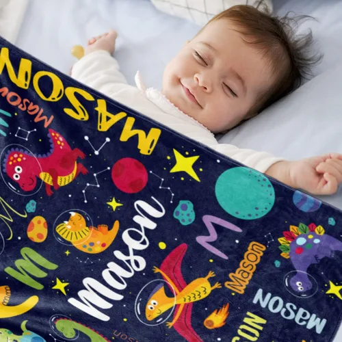 Miniatura 2 de Manta personalizada de dinosaurio para niños, manta con nombre personalizado para niños Dino Outspace, manta de dinosaurio de franela suave
