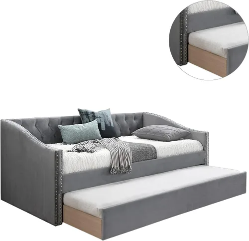 Miniatura 5 de Cama de día tapizada de terciopelo con ribete de clavos, color gris