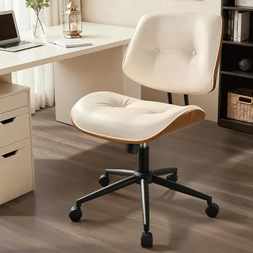 Miniatura 10 de ovios Silla de oficina en casa con ruedas, moderna silla de escritorio giratoria de piel sintética, respaldo medio, altura ajustable, sillas de botón